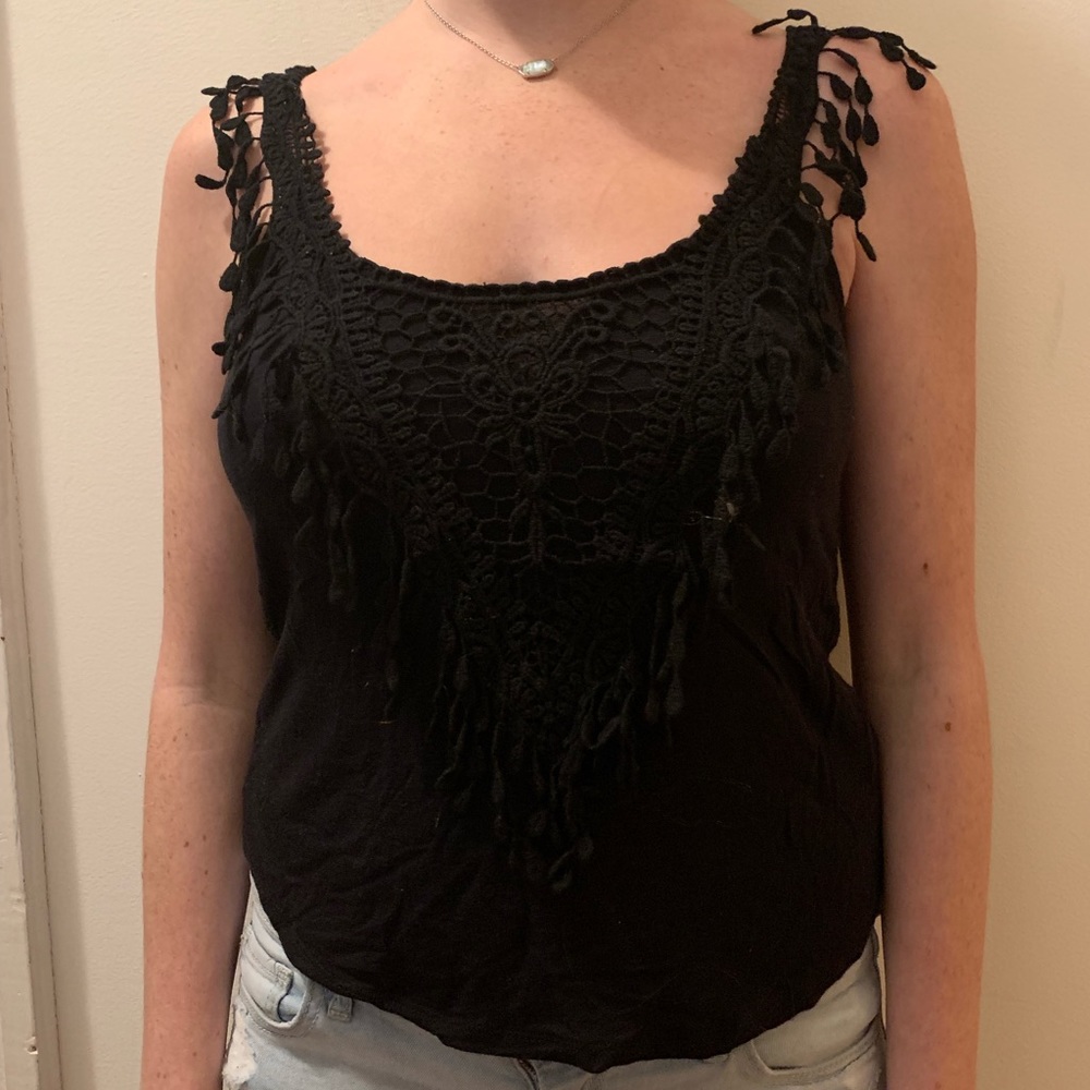 Black Lace Fringe Tank Top